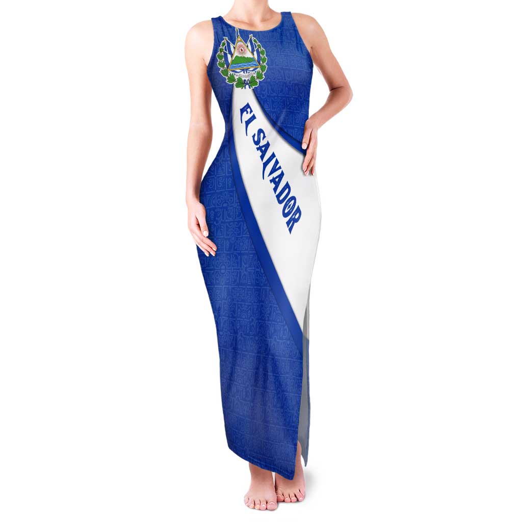 El Salvador Coat of Arms Tank Maxi Dress with Curved Text and Blue Patterned Background - Wonder Print Shop