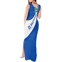 El Salvador Coat of Arms Tank Maxi Dress with Curved Text and Blue Patterned Background - Wonder Print Shop