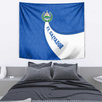 El Salvador Coat of Arms Tapestry with Curved Text and Blue Patterned Background - Wonder Print Shop