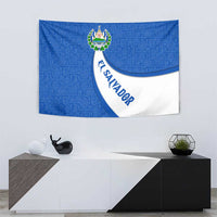 El Salvador Coat of Arms Tapestry with Curved Text and Blue Patterned Background - Wonder Print Shop