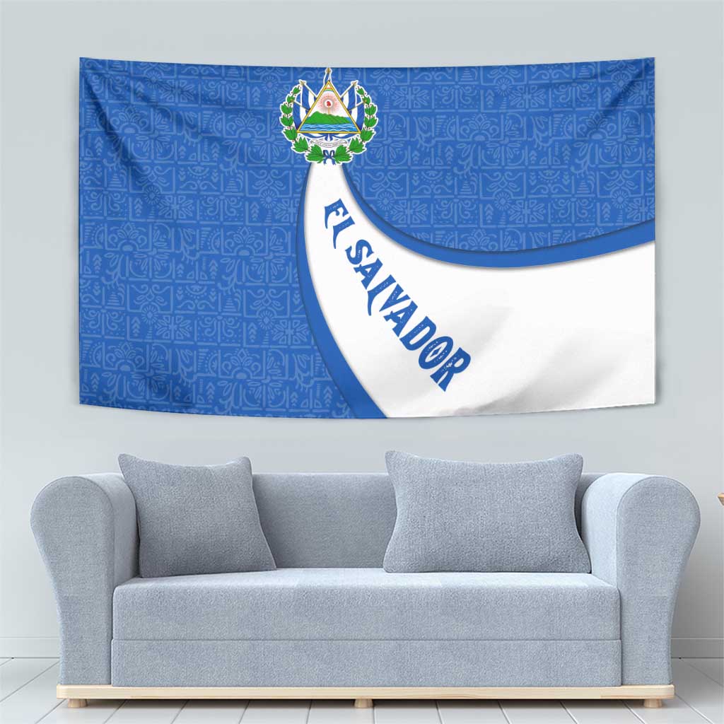 El Salvador Coat of Arms Tapestry with Curved Text and Blue Patterned Background - Wonder Print Shop