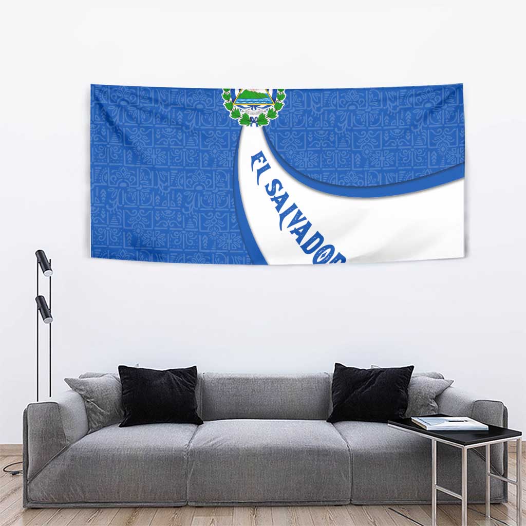 El Salvador Coat of Arms Tapestry with Curved Text and Blue Patterned Background - Wonder Print Shop
