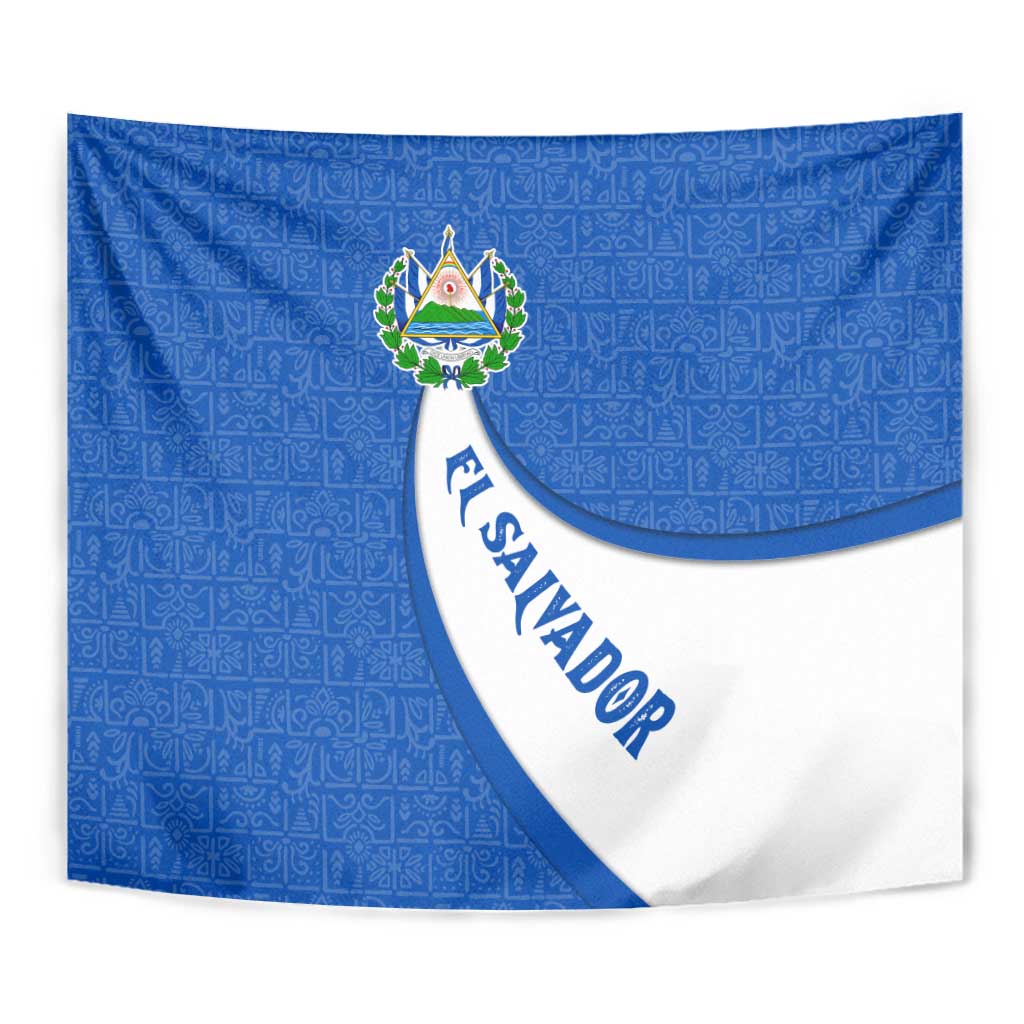 El Salvador Coat of Arms Tapestry with Curved Text and Blue Patterned Background - Wonder Print Shop
