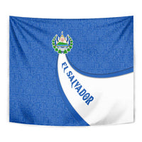El Salvador Coat of Arms Tapestry with Curved Text and Blue Patterned Background - Wonder Print Shop