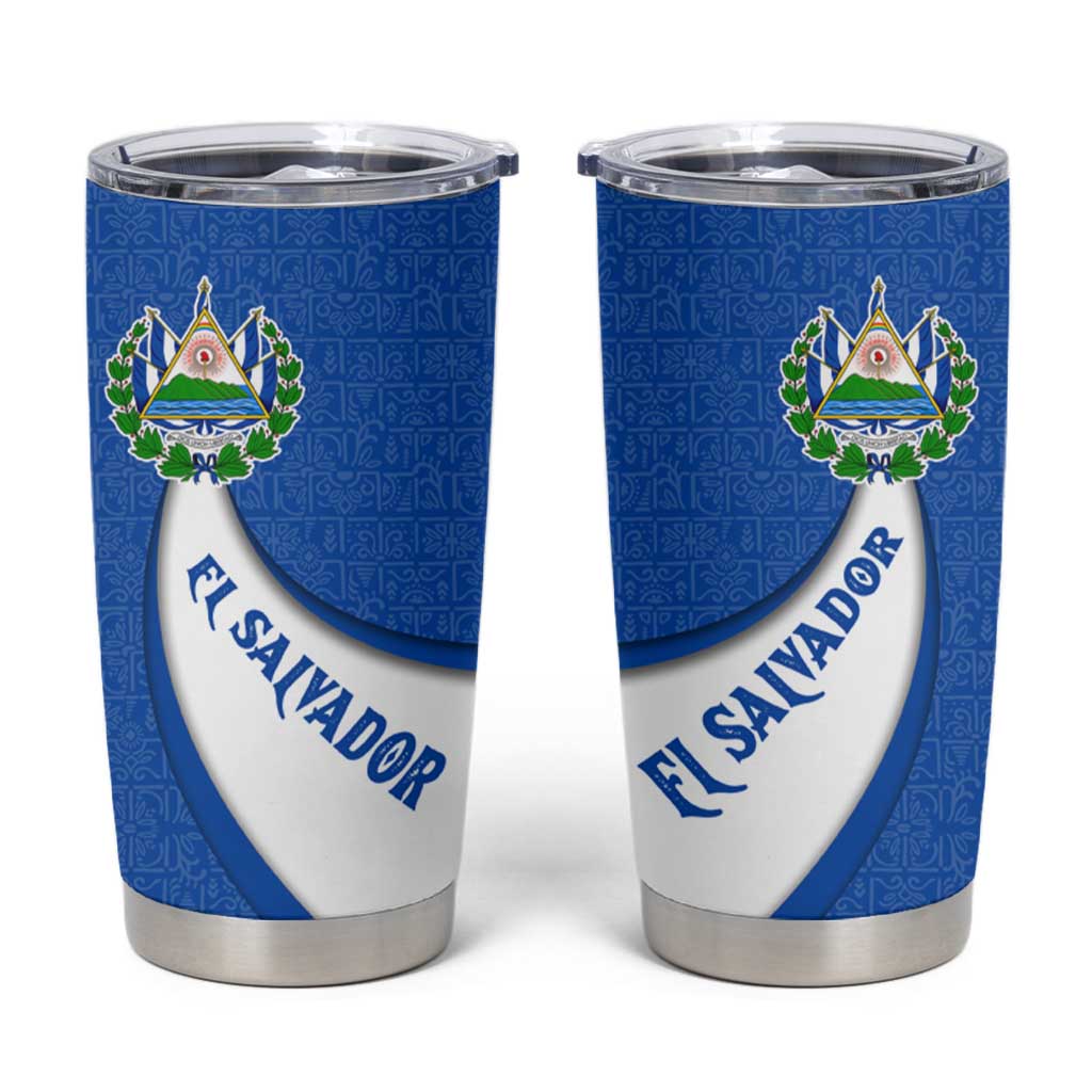 El Salvador Coat of Arms Tumbler Cup with Curved Text and Blue Patterned Background - Wonder Print Shop
