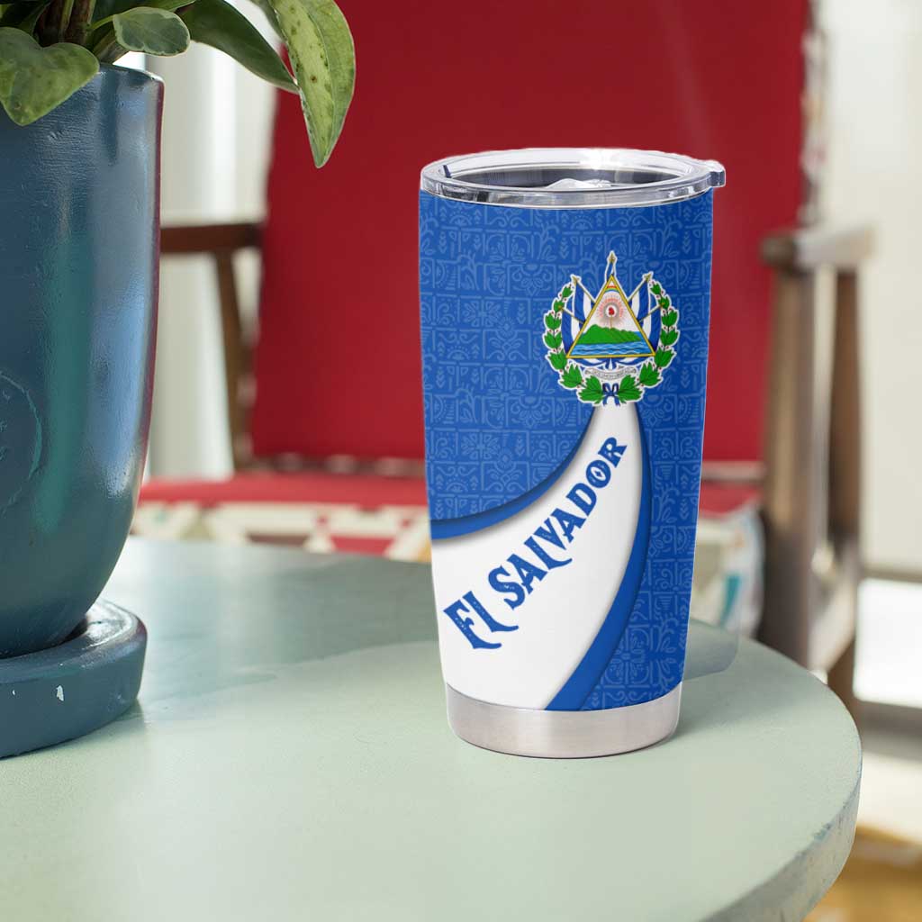 El Salvador Coat of Arms Tumbler Cup with Curved Text and Blue Patterned Background - Wonder Print Shop