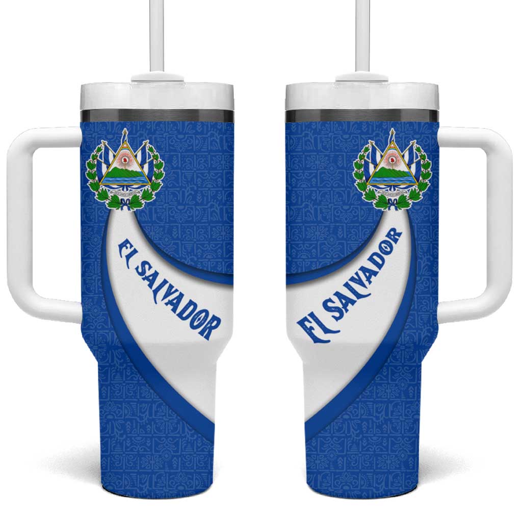 El Salvador Coat of Arms Tumbler With Handle with Curved Text and Blue Patterned Background - Wonder Print Shop