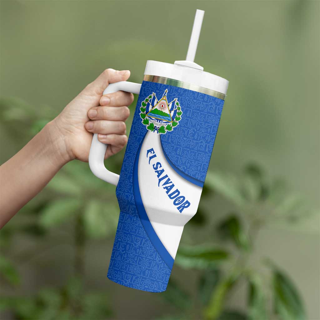 El Salvador Coat of Arms Tumbler With Handle with Curved Text and Blue Patterned Background - Wonder Print Shop