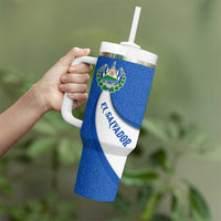 El Salvador Coat of Arms Tumbler With Handle with Curved Text and Blue Patterned Background - Wonder Print Shop