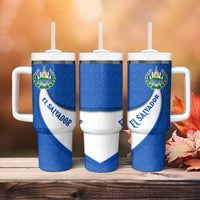 El Salvador Coat of Arms Tumbler With Handle with Curved Text and Blue Patterned Background - Wonder Print Shop
