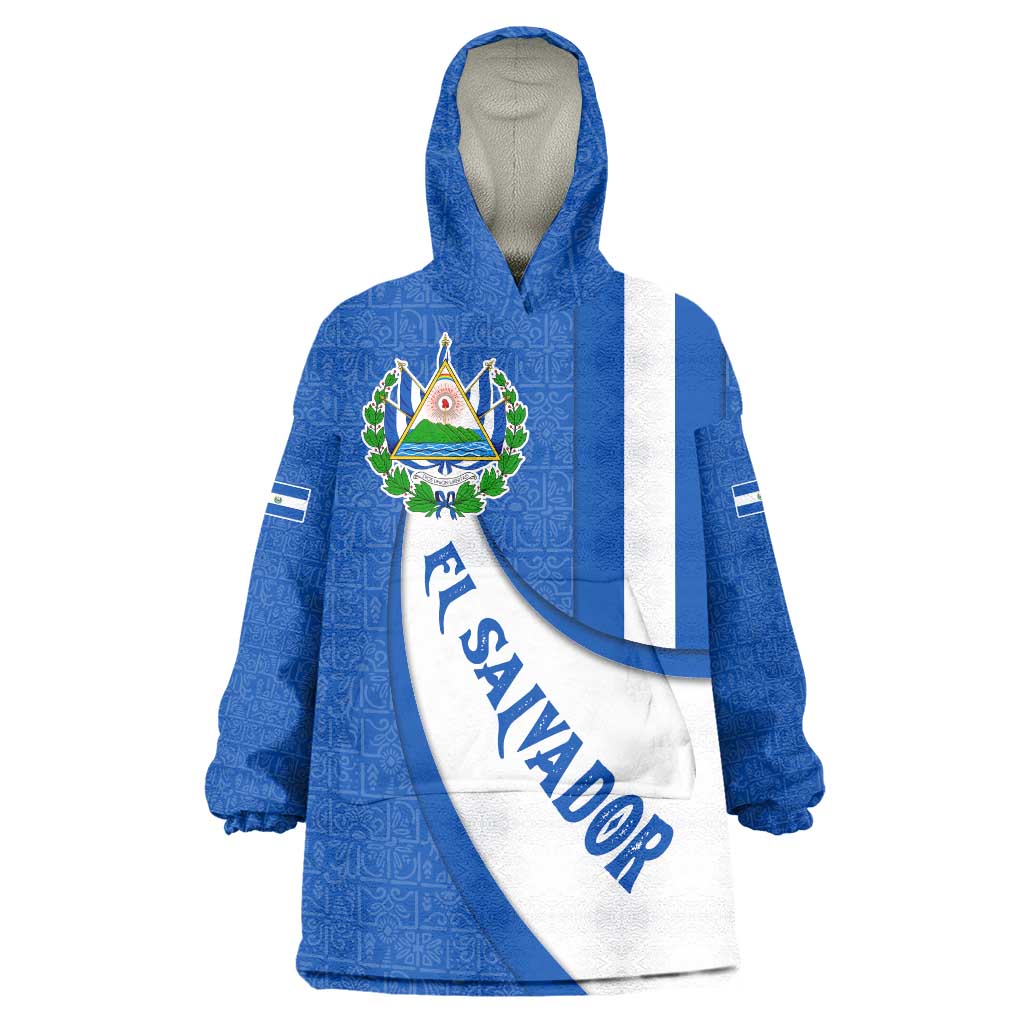 El Salvador Coat of Arms Wearable Blanket Hoodie with Curved Text and Blue Patterned Background - Wonder Print Shop