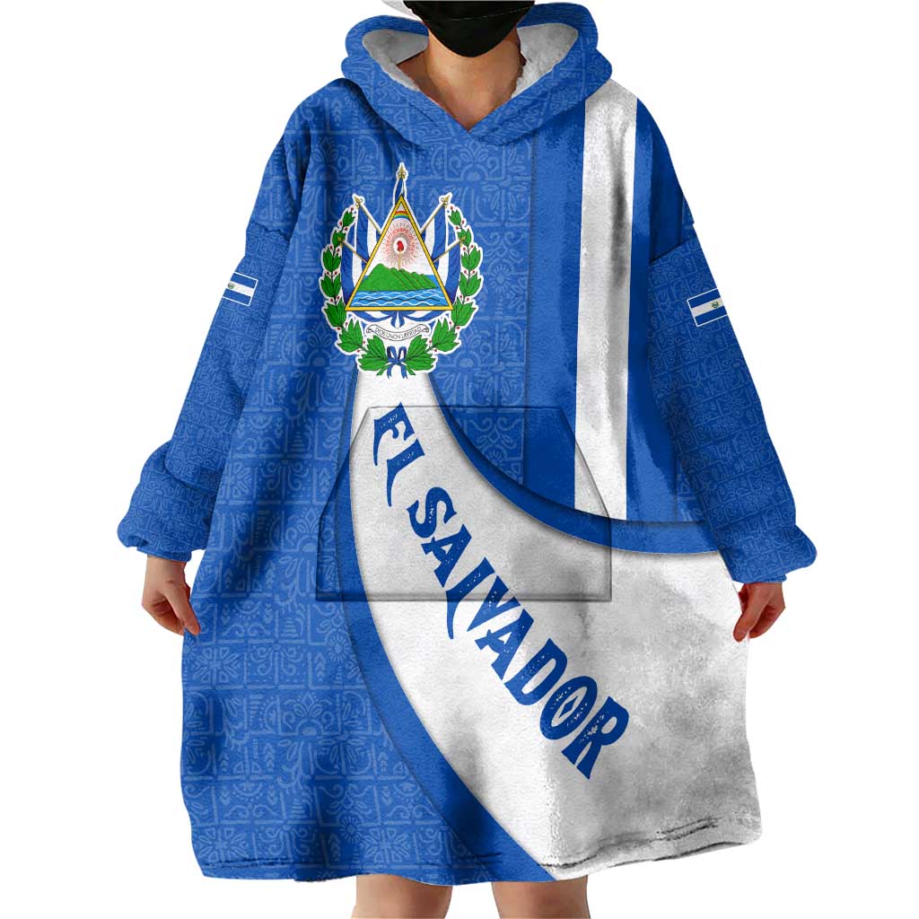 El Salvador Coat of Arms Wearable Blanket Hoodie with Curved Text and Blue Patterned Background - Wonder Print Shop