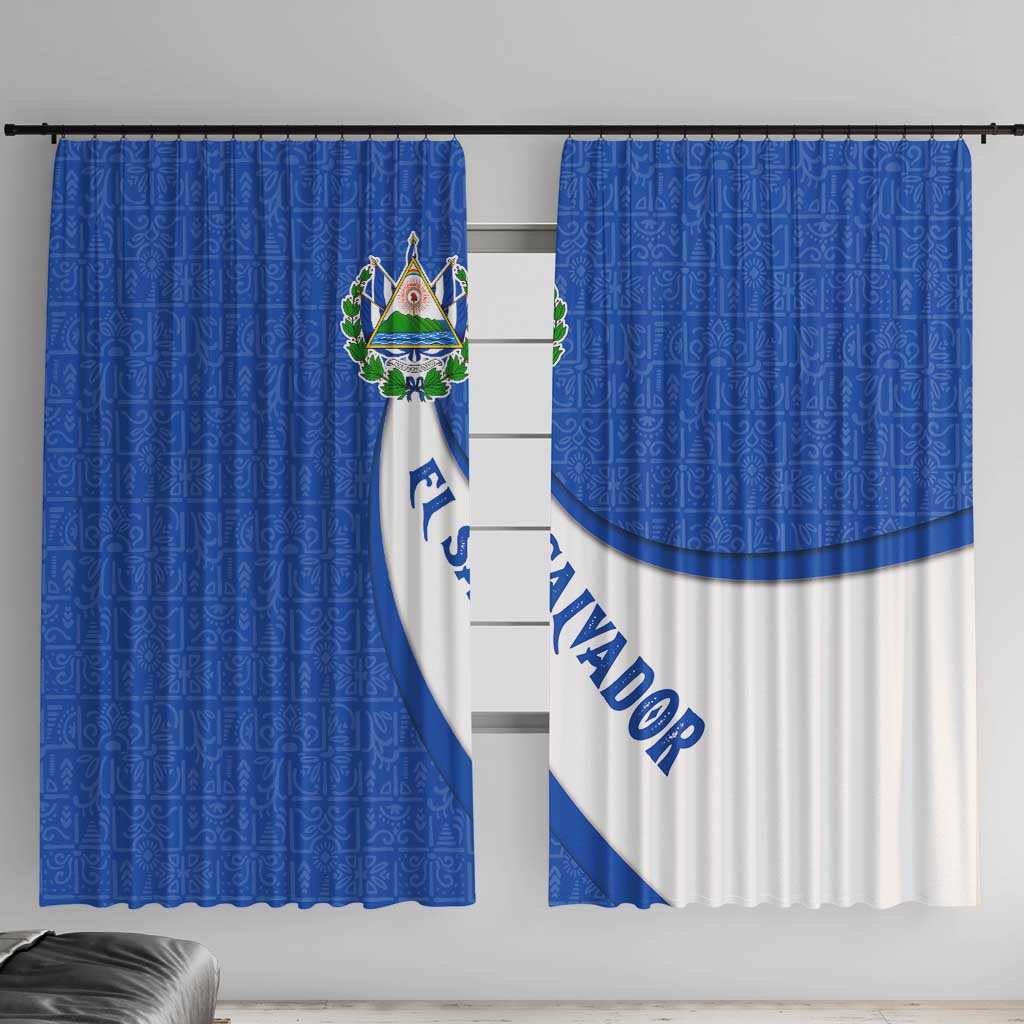 El Salvador Coat of Arms Window Curtain with Curved Text and Blue Patterned Background - Wonder Print Shop