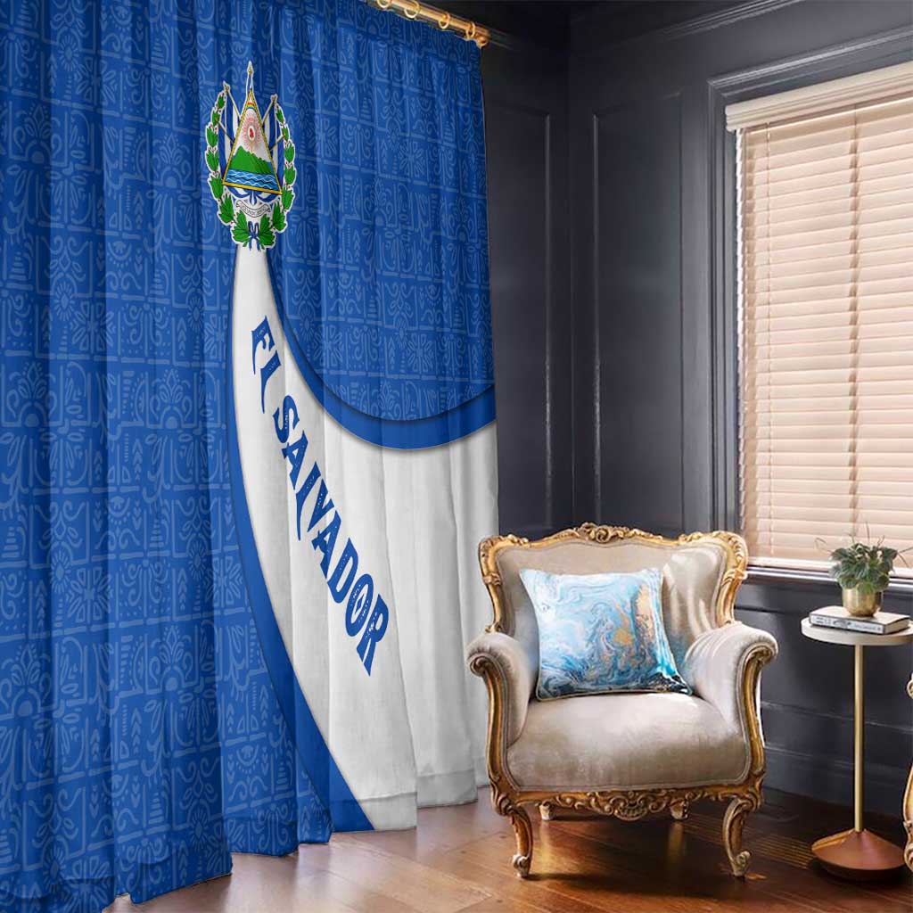 El Salvador Coat of Arms Window Curtain with Curved Text and Blue Patterned Background - Wonder Print Shop