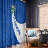 El Salvador Coat of Arms Window Curtain with Curved Text and Blue Patterned Background - Wonder Print Shop