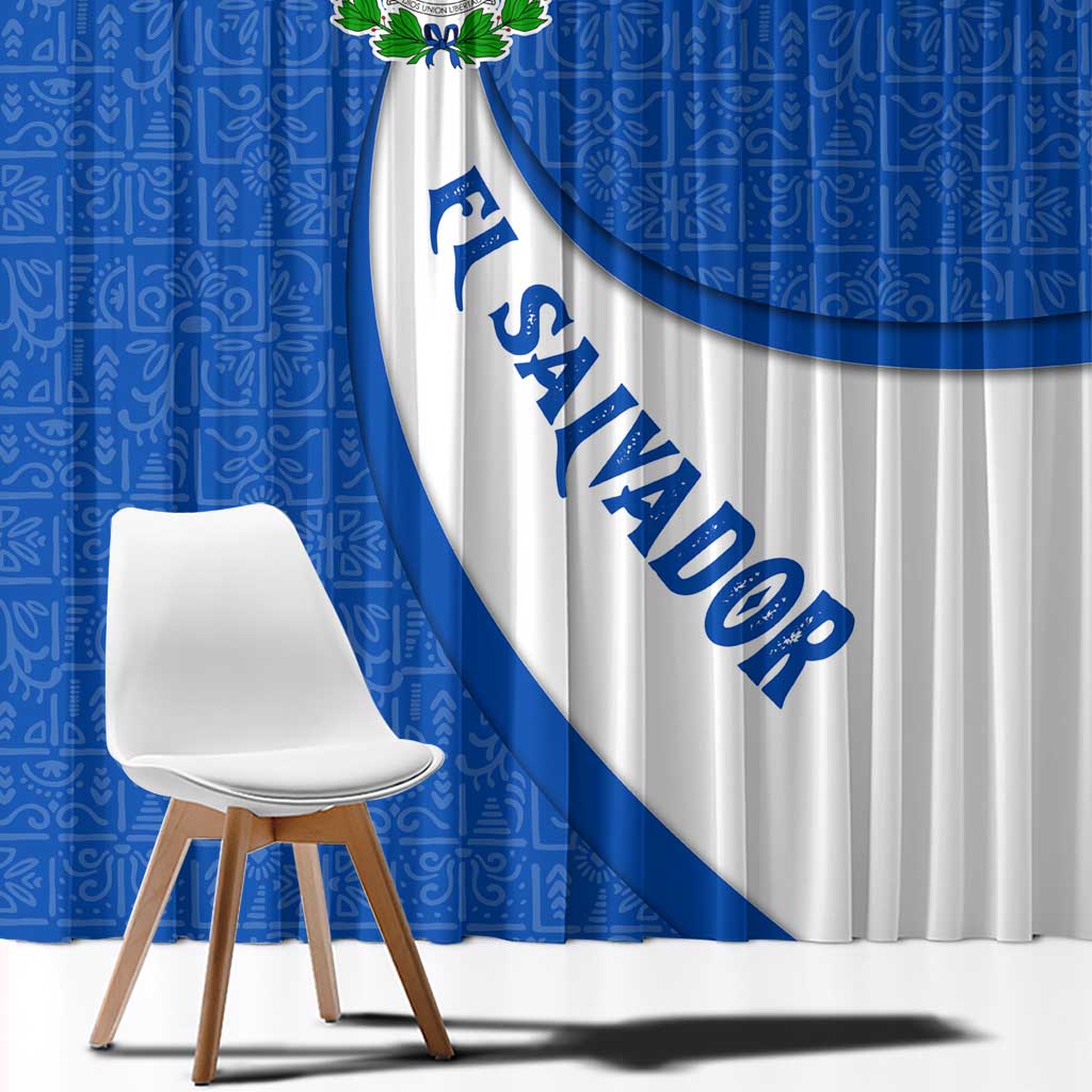 El Salvador Coat of Arms Window Curtain with Curved Text and Blue Patterned Background - Wonder Print Shop