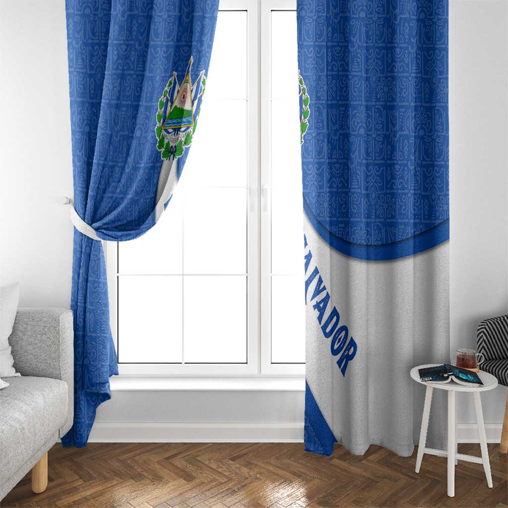 El Salvador Coat of Arms Window Curtain with Curved Text and Blue Patterned Background - Wonder Print Shop
