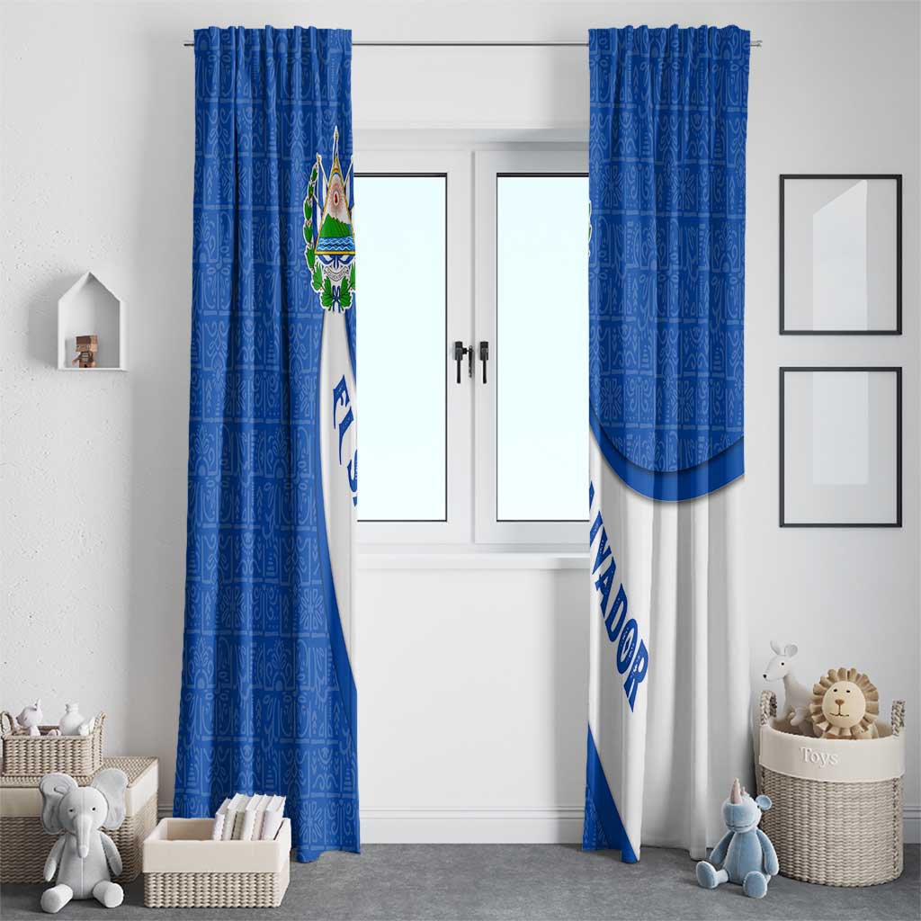 El Salvador Coat of Arms Window Curtain with Curved Text and Blue Patterned Background - Wonder Print Shop