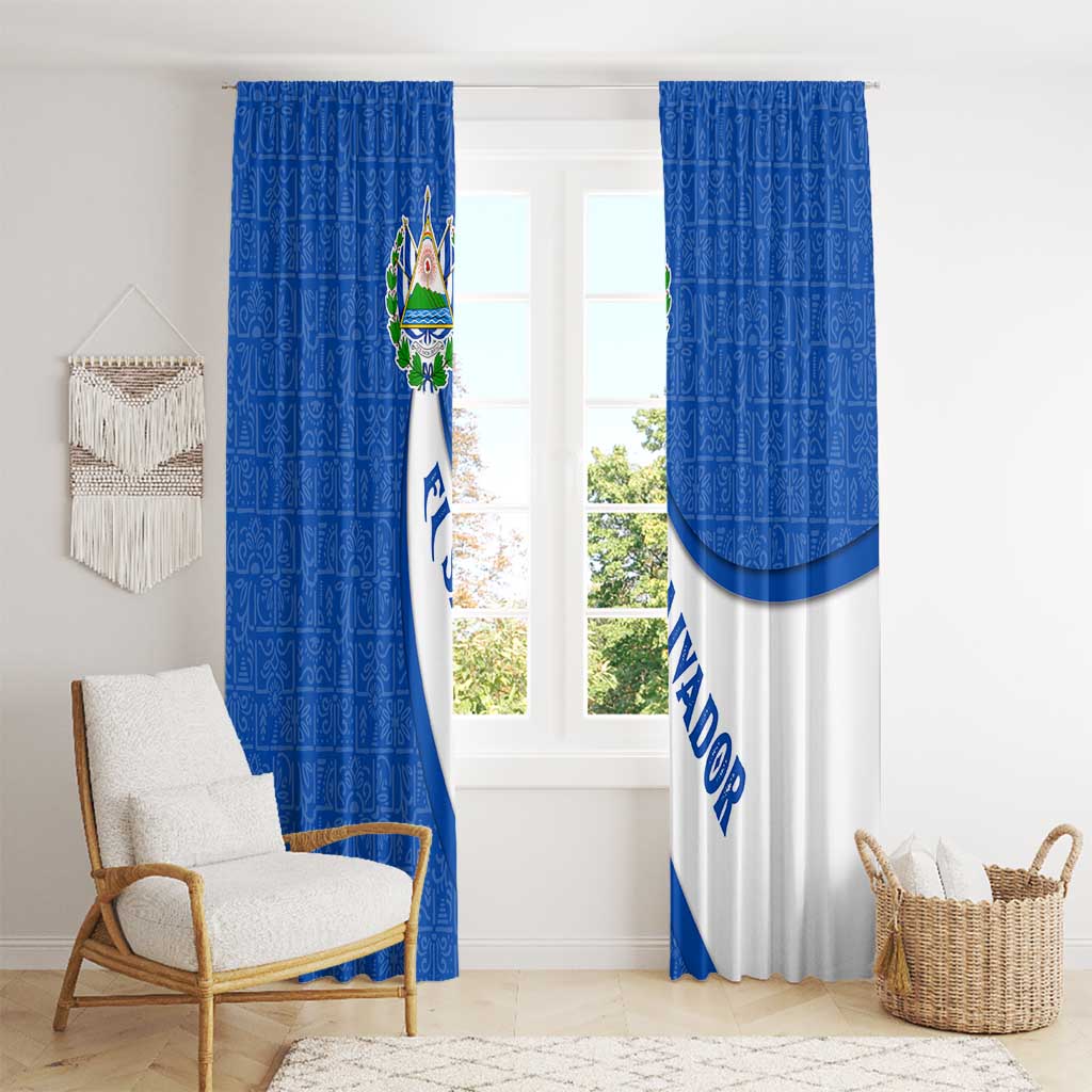 El Salvador Coat of Arms Window Curtain with Curved Text and Blue Patterned Background - Wonder Print Shop