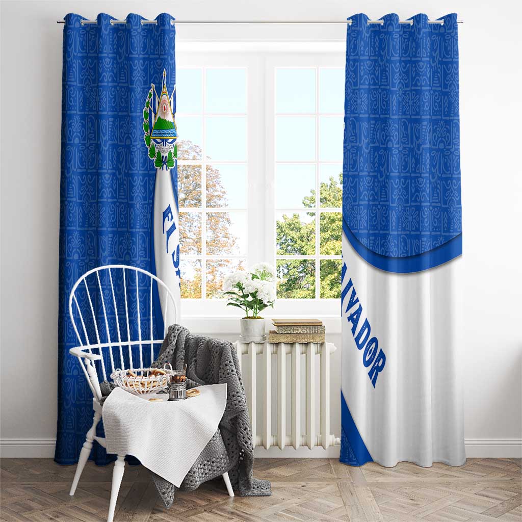 El Salvador Coat of Arms Window Curtain with Curved Text and Blue Patterned Background - Wonder Print Shop