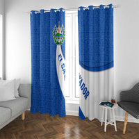 El Salvador Coat of Arms Window Curtain with Curved Text and Blue Patterned Background - Wonder Print Shop