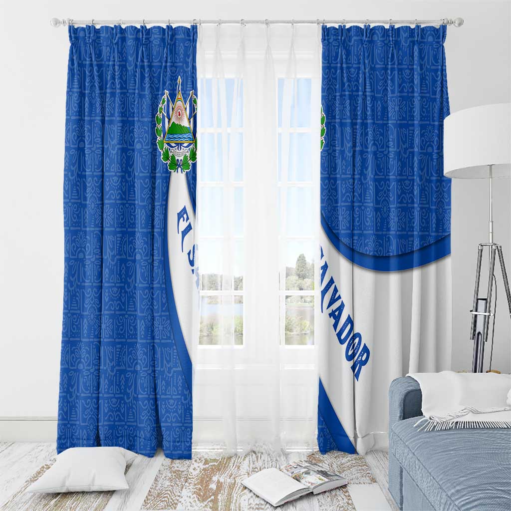 El Salvador Coat of Arms Window Curtain with Curved Text and Blue Patterned Background - Wonder Print Shop