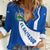 El Salvador Coat of Arms Women Casual Shirt with Curved Text and Blue Patterned Background - Wonder Print Shop