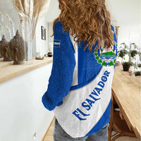 El Salvador Coat of Arms Women Casual Shirt with Curved Text and Blue Patterned Background - Wonder Print Shop