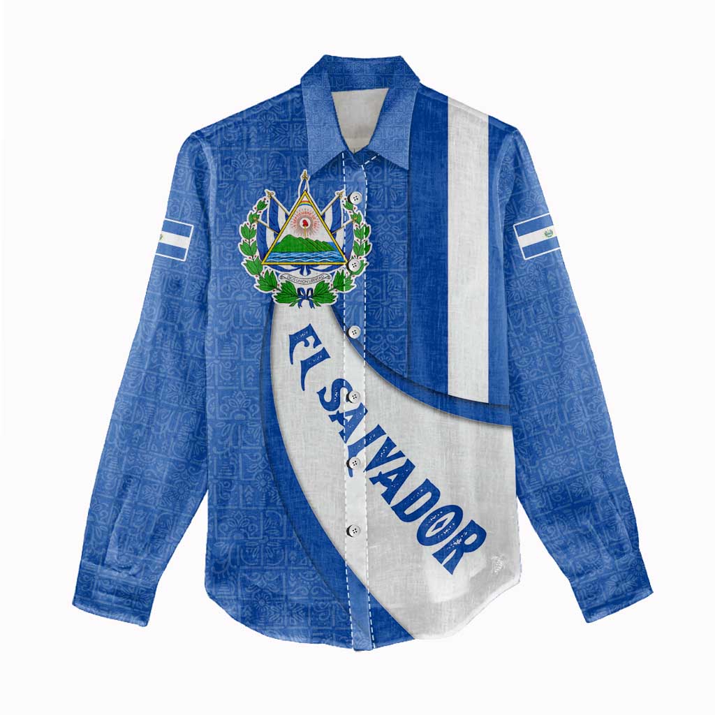 El Salvador Coat of Arms Women Casual Shirt with Curved Text and Blue Patterned Background - Wonder Print Shop