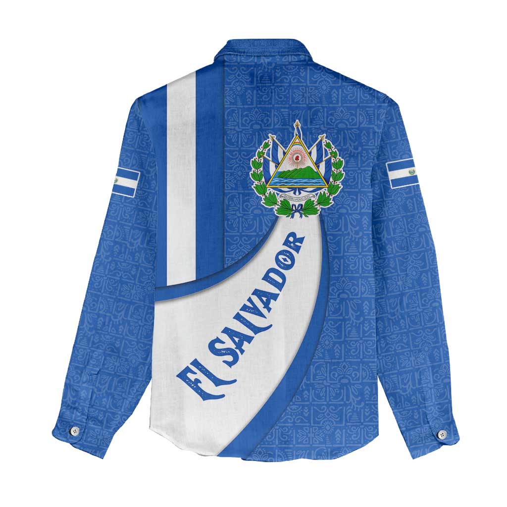 El Salvador Coat of Arms Women Casual Shirt with Curved Text and Blue Patterned Background - Wonder Print Shop