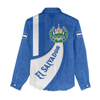 El Salvador Coat of Arms Women Casual Shirt with Curved Text and Blue Patterned Background - Wonder Print Shop