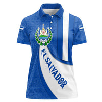 El Salvador Coat of Arms Women Polo Shirt with Curved Text and Blue Patterned Background - Wonder Print Shop