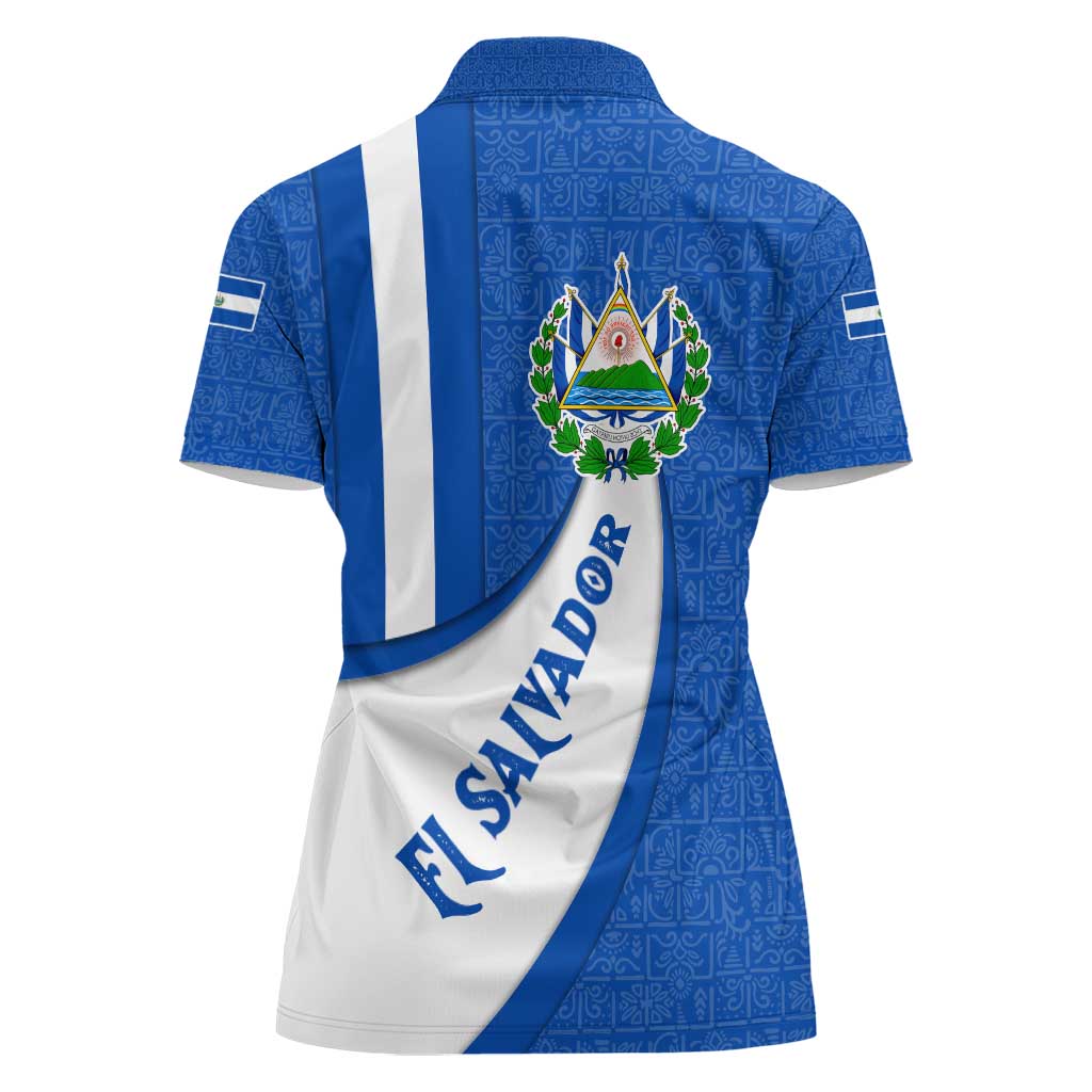 El Salvador Coat of Arms Women Polo Shirt with Curved Text and Blue Patterned Background - Wonder Print Shop