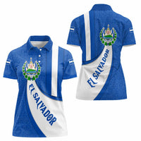 El Salvador Coat of Arms Women Polo Shirt with Curved Text and Blue Patterned Background - Wonder Print Shop