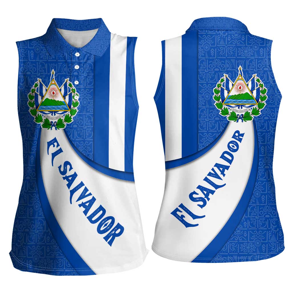 El Salvador Coat of Arms Women Sleeveless Polo Shirt with Curved Text and Blue Patterned Background - Wonder Print Shop