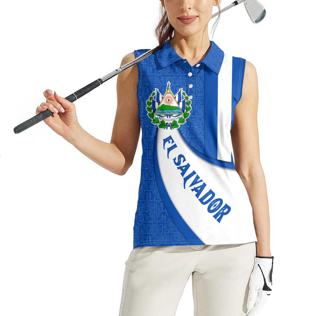 El Salvador Coat of Arms Women Sleeveless Polo Shirt with Curved Text and Blue Patterned Background - Wonder Print Shop