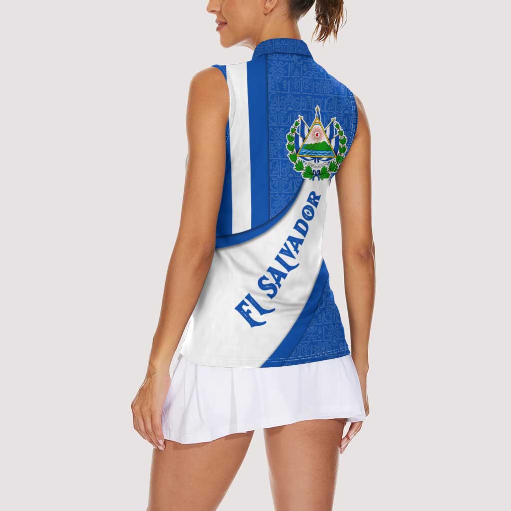 El Salvador Coat of Arms Women Sleeveless Polo Shirt with Curved Text and Blue Patterned Background - Wonder Print Shop