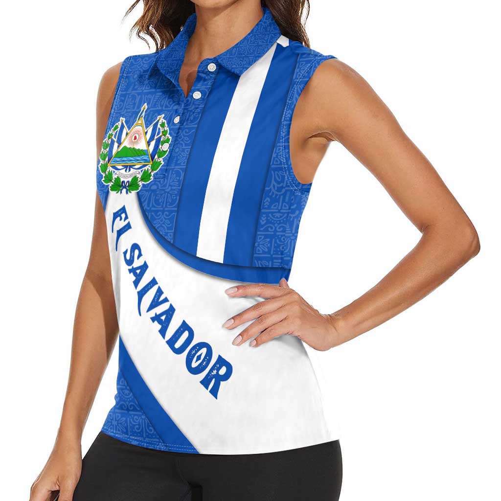 El Salvador Coat of Arms Women Sleeveless Polo Shirt with Curved Text and Blue Patterned Background - Wonder Print Shop