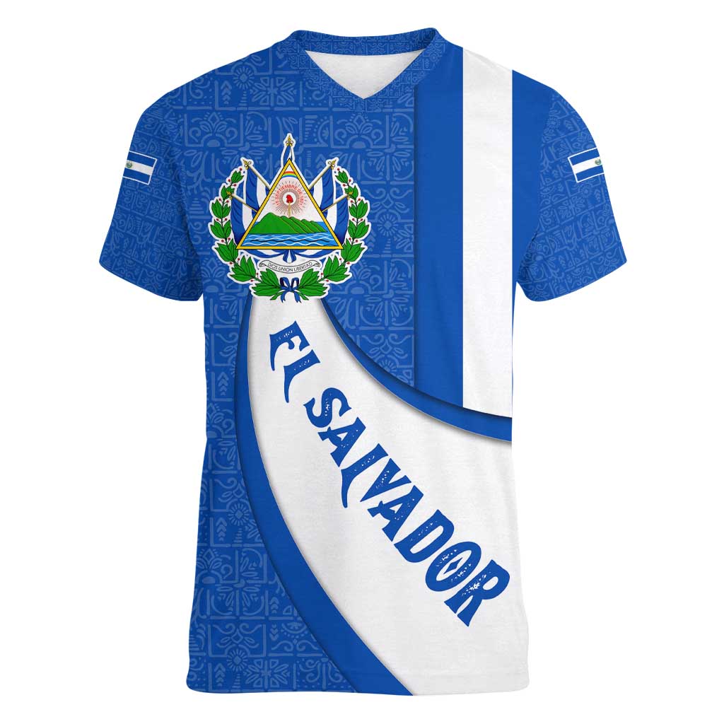 El Salvador Coat of Arms Women V-Neck T-Shirt with Curved Text and Blue Patterned Background - Wonder Print Shop