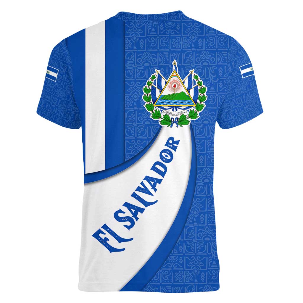 El Salvador Coat of Arms Women V-Neck T-Shirt with Curved Text and Blue Patterned Background - Wonder Print Shop