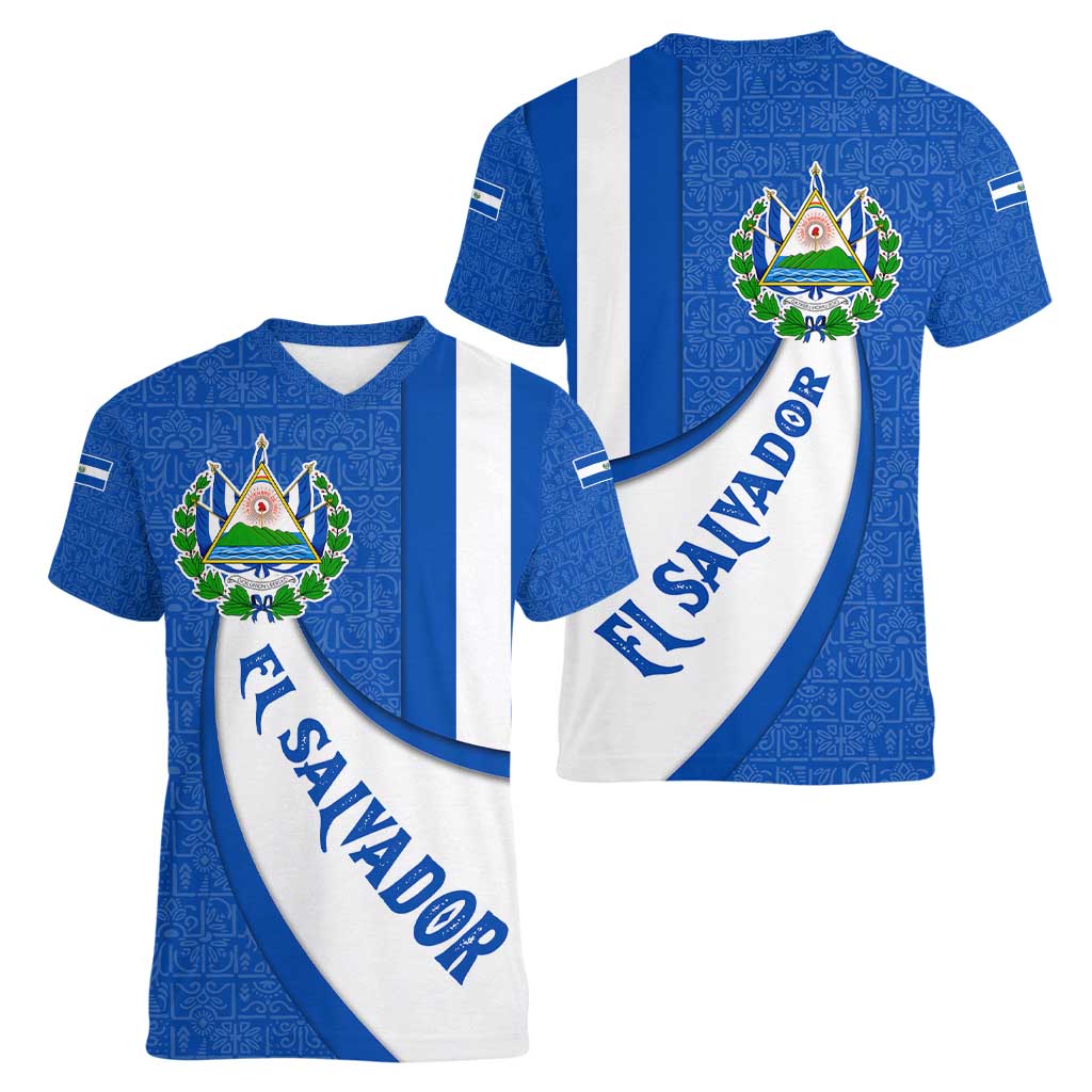 El Salvador Coat of Arms Women V-Neck T-Shirt with Curved Text and Blue Patterned Background - Wonder Print Shop