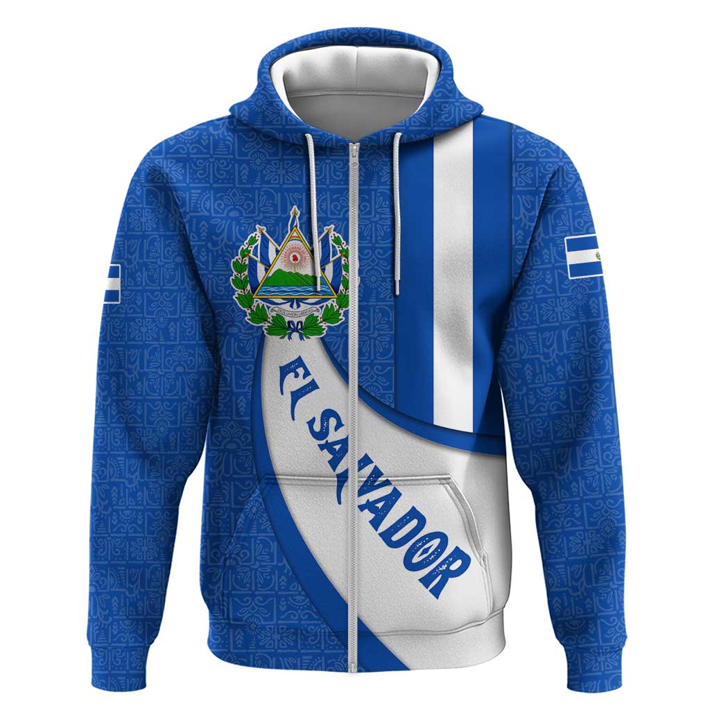 El Salvador Coat of Arms Zip Hoodie with Curved Text and Blue Patterned Background - Wonder Print Shop