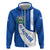El Salvador Coat of Arms Zip Hoodie with Curved Text and Blue Patterned Background - Wonder Print Shop