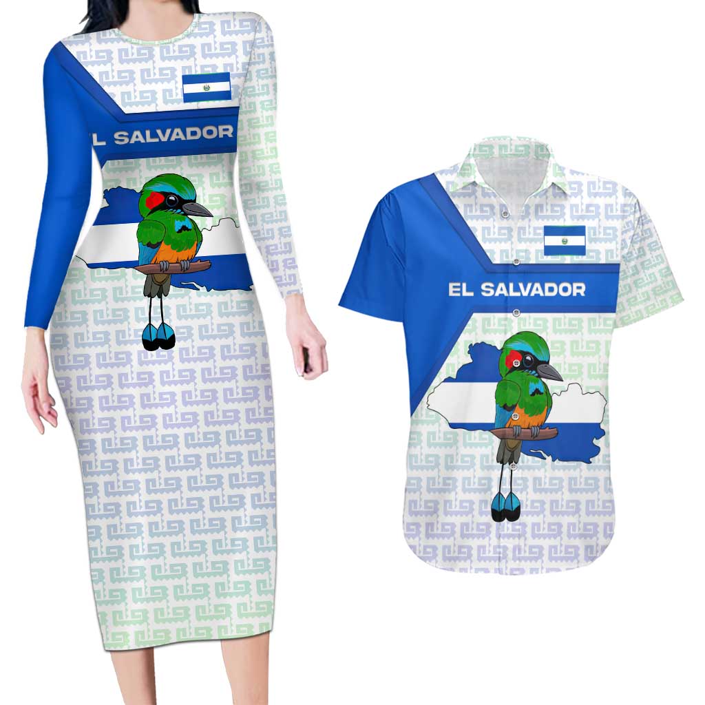 El Salvador National Symbol Couples Matching Long Sleeve Bodycon Dress and Hawaiian Shirt with Torogoz Bird and Flag Map Design - Wonder Print Shop