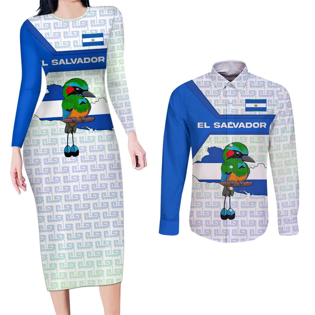 El Salvador National Symbol Couples Matching Long Sleeve Bodycon Dress and Long Sleeve Button Shirt with Torogoz Bird and Flag Map Design - Wonder Print Shop