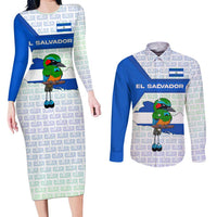 El Salvador National Symbol Couples Matching Long Sleeve Bodycon Dress and Long Sleeve Button Shirt with Torogoz Bird and Flag Map Design - Wonder Print Shop