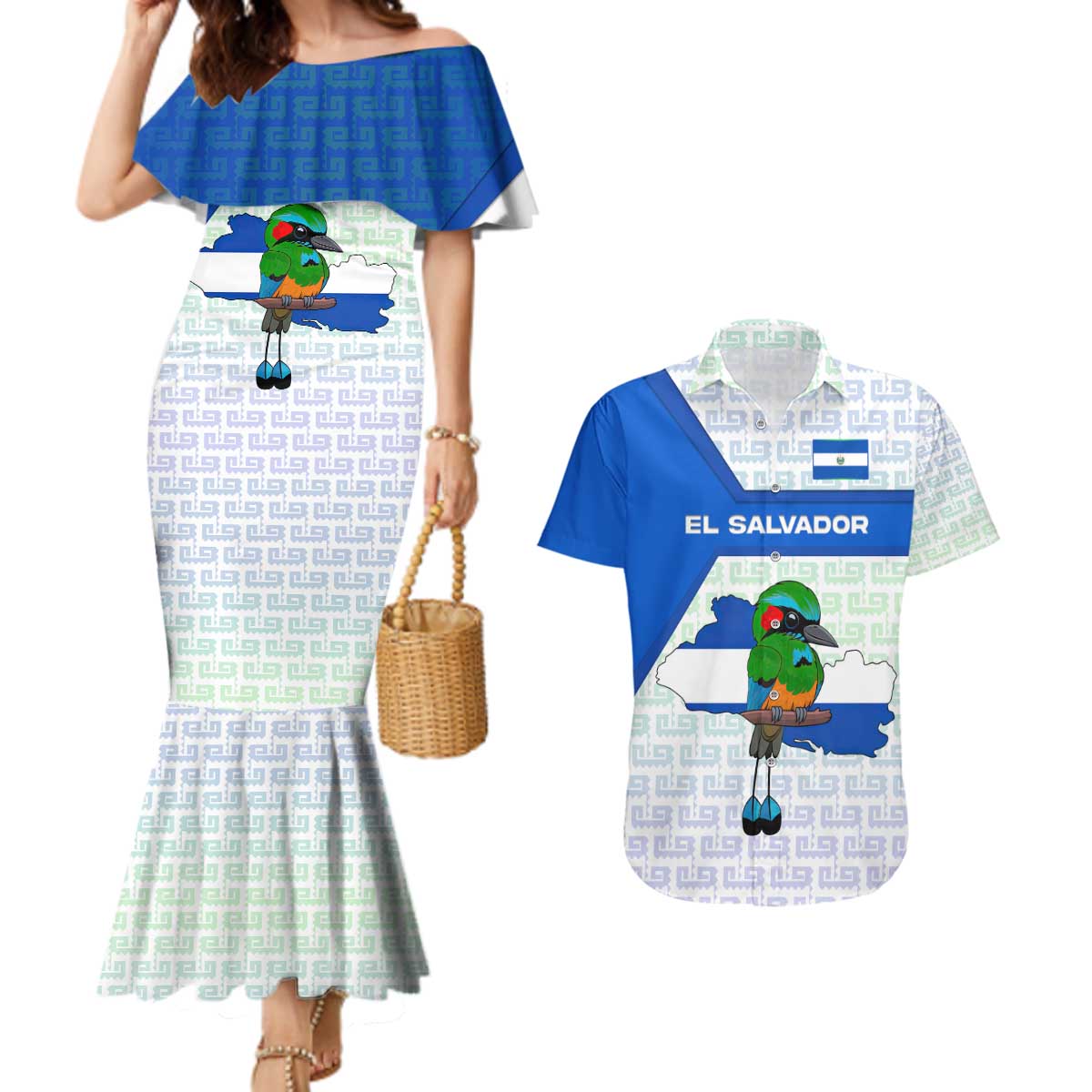El Salvador National Symbol Couples Matching Mermaid Dress and Hawaiian Shirt with Torogoz Bird and Flag Map Design - Wonder Print Shop