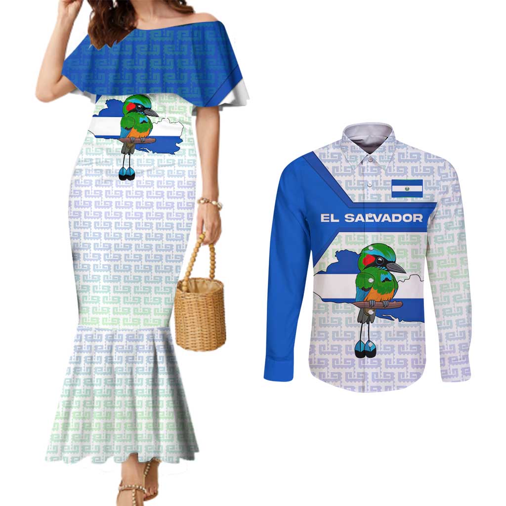 El Salvador National Symbol Couples Matching Mermaid Dress and Long Sleeve Button Shirt with Torogoz Bird and Flag Map Design - Wonder Print Shop