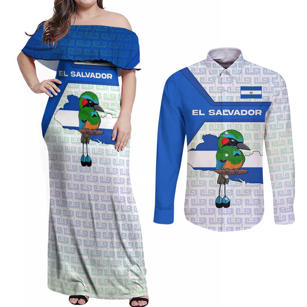 El Salvador National Symbol Couples Matching Off Shoulder Maxi Dress and Long Sleeve Button Shirt with Torogoz Bird and Flag Map Design - Wonder Print Shop