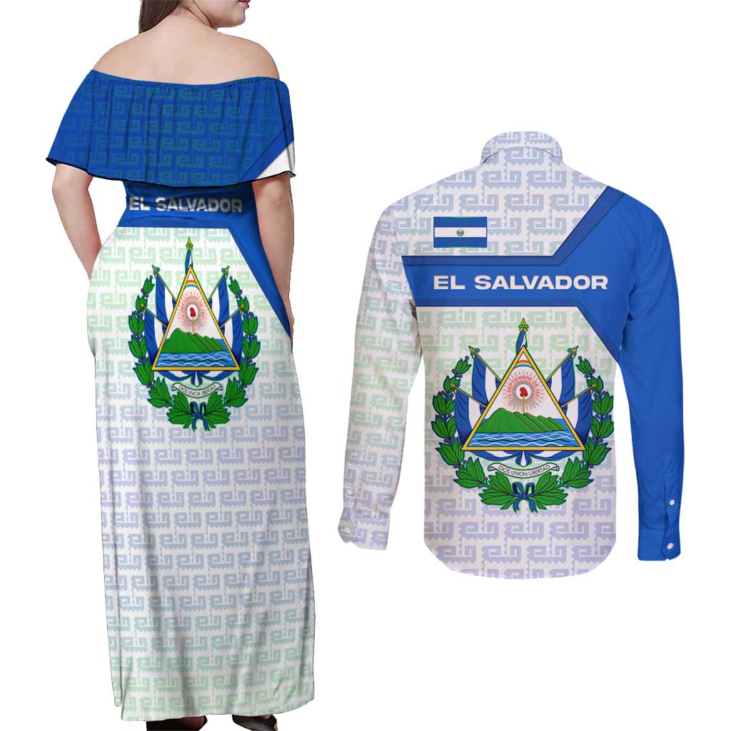 El Salvador National Symbol Couples Matching Off Shoulder Maxi Dress and Long Sleeve Button Shirt with Torogoz Bird and Flag Map Design - Wonder Print Shop